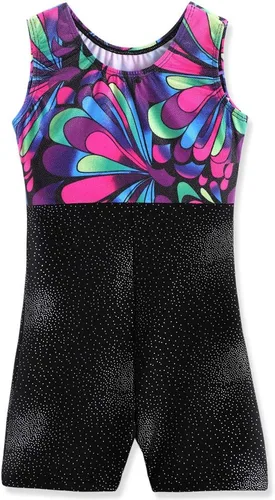 Vista 2 de Leotardo de gimnasia con shorts para niñas, sin mangas, para ciclismo, con diseño de mariposas y flores con brillo, color negro y rosado intenso