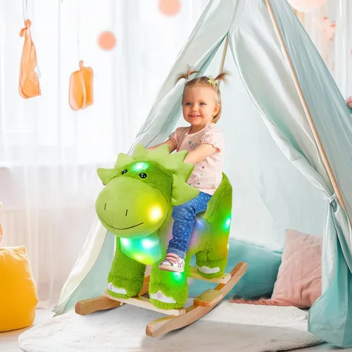 Vista 3 de Glow Guards Caballito de madera con luces y música de dinosaurio con juguete de peluche de dinosaurio que brilla y canta, juego de 2 con silla