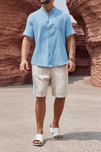 Vista 4 de Makkrom Camisa guayabera de lino para hombre, con botones, manga corta, casual, cubana, mexicana, cuello de banda, tops de verano para la playa