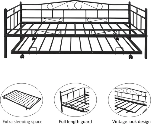 Vista 4 de Sofá cama de marco metálico de tamaño individual con ruedas extraíbles, soporte de sofá cama de listones de acero resistente para invitados, sofá