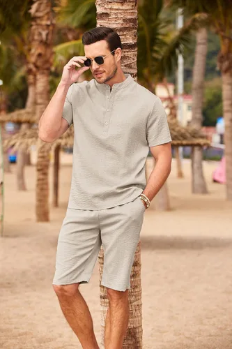 Vista 8 de COOFANDY Conjunto de 2 piezas de lino para hombre, camisas Henley casuales de manga corta, pantalones cortos de yoga para la playa, pantalones