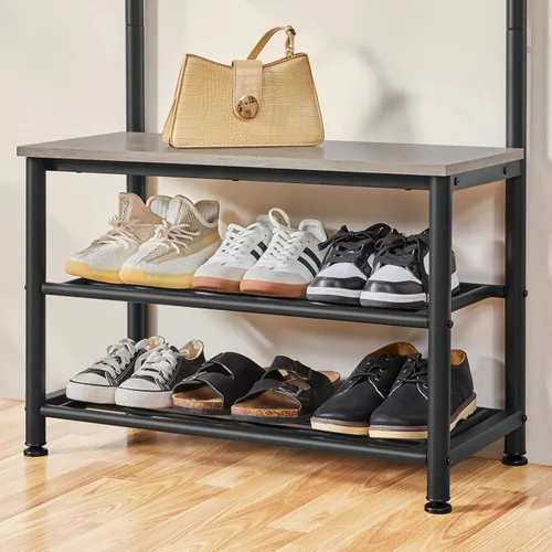 Vista 9 de Yaheetech Perchero, árbol de pasillo con banco de zapatos, almacenamiento de zapatos de entrada con perchero, 9 ganchos móviles, muebles de entrada