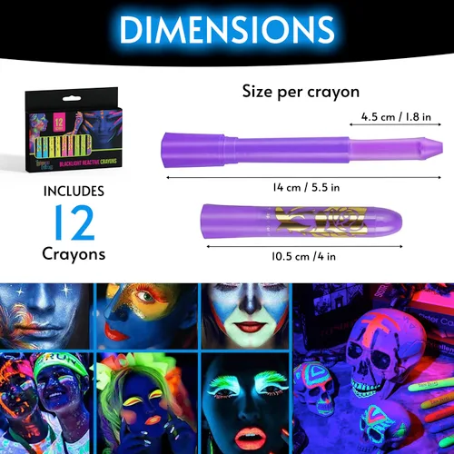 Vista 4 de Glow King Crayones reactivos a la luz negra Pintura que brilla en la oscuridad para rostro y cuerpo Varillas luminosas intensas para fiestas