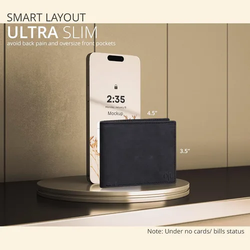 Vista 3 de Cartera delgada de cuero para hombre, bloqueo RFID, bolsillo frontal minimalista, delgada y elegante con ventana de identificación, regalo
