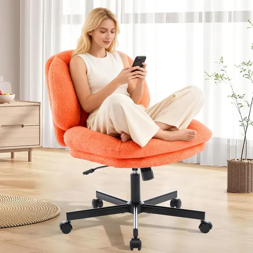 Vista 9 de Silla cruzada gruesa, acolchada, ergonómica, con patas cruzadas, con ruedas, silla giratoria sin brazos, altura ajustable para computadora