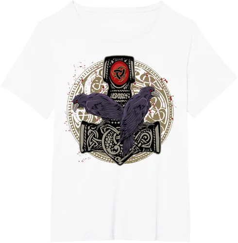 Vista 70 de Thors Hammer Mjolnir Huginn and Muninn Odin Raven - Camiseta, Negro, S