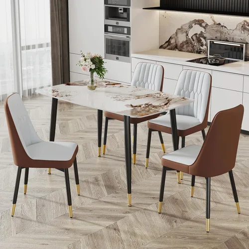 Vista 16 de Ebullient Mesa de comedor para 4, mesa de comedor rectangular de mármol, mesa de comedor de mármol sintético, mesa de comedor moderna con marco