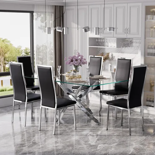 Vista 24 de Juego de mesa de comedor de cristal dorado moderno de 63 pulgadas para 6, juego de mesa de cocina rectangular de 7 piezas con patas de acero Negro