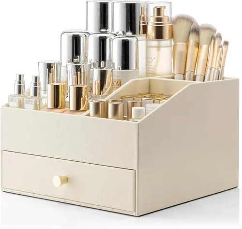 Vista 12 de Organizador de maquillaje Vlando, organizador para el cuidado de la piel para tocador, organizador de maquillaje de PU con cajones, estuche