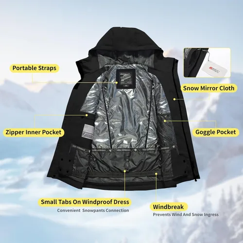 Vista 5 de Chaqueta de esquí para snowboard, nieve, invierno, impermeable, aislada, resistente al viento, holgada, cálida con capucha para hombres y mujeres