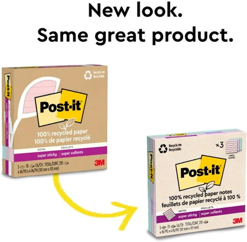 Vista 9 de Post-it Notas Super Adhesivas de Papel 100% Reciclado, 2 Veces el Poder de Adhesión, 4x4 pulgadas, Rayadas, 3 Blocs, 70 Hojas/Bloc, Colección