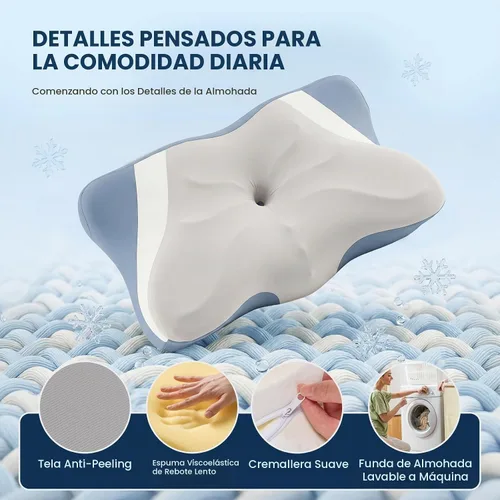 Vista 5 de OLIXIS Almohada cervical de contorno para aliviar el dolor de cuello, ergonómica de doble altura Gris y azul