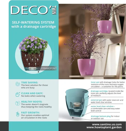 Vista 3 de DECOPOTS - Maceta de riego automático - Maceta decorativa para interiores con cartucho de drenaje e indicador de nivel de agua