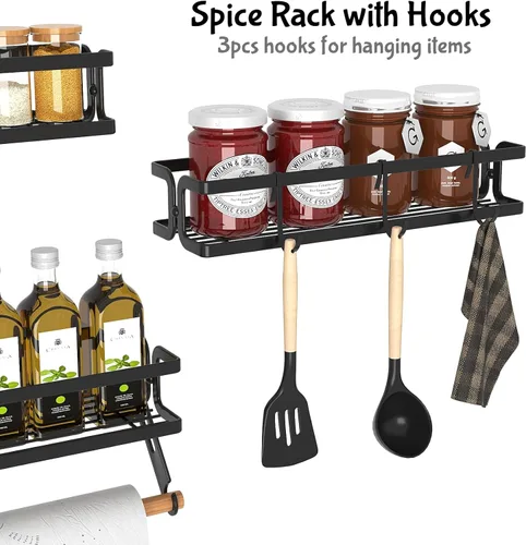 Vista 7 de Soporte de pared para especias, negro, paquete de 3 Paper Towel Holder and Hooks, Screw or Adhesive Hanging, Space Saving, For Seasonings, Stove