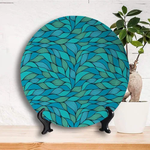 Vista 3 de Placa de exhibición de cerámica, placa decorativa colgante de cerámica verde azulado, diseño abstracto de ondas con motivo oceánico, 6 pulgadas