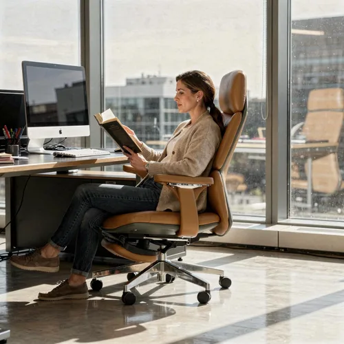 Vista 2 de Silla de oficina ergonómica de cuero genuino con reposapiés de Marrón