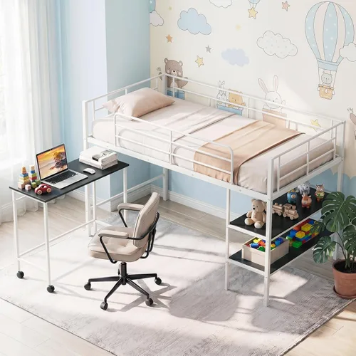 Vista 10 de Giantex Cama baja tipo loft tamaño individual, marco de metal resistente con estantes de almacenamiento, escalera y barandillas de longitud