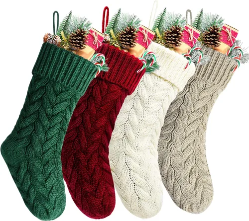 Vista 12 de Medias de Navidad, 18 pulgadas, calcetines de punto trenzado azul para decoración de Navidad, paquete de 4