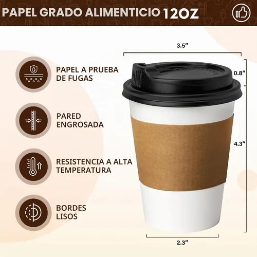 Vista 2 de YEEHAW - Paquete de 50 tazas de café de 12 onzas con tapas y fundas Mangas Kraft blancas