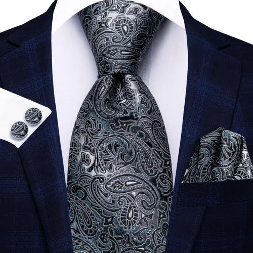 Vista 3 de Hi-Tie Corbatas de seda para hombre, diseño de cachemira a rayas, con bolsillo, gemelos cuadrados, conjunto formal de negocios