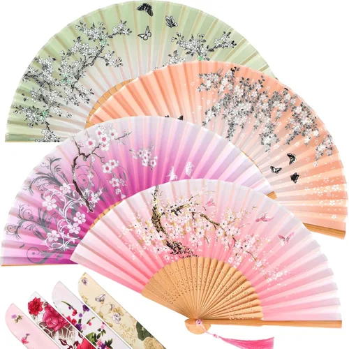 Vista 9 de Zonon 4 Pack de abanicos de mano florales plegables, abanicos de seda de bambú con borla para mujer, abanico de mano hueco plegable con funda