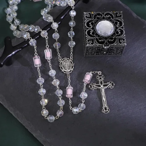 Vista 65 de KOMI Rosario de cuentas católicas para mujer, collar de cuentas de rosario con cruz de crucifijo, perlas de cristal, rosario, rosarios, católicos