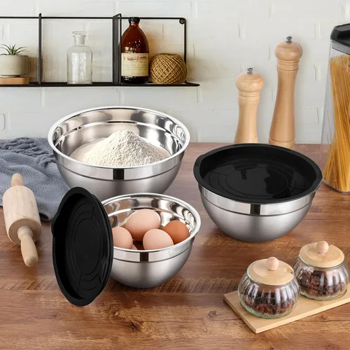 Vista 7 de LIANYU Juego de 3 tazones para mezclar con tapas, tazones de metal de acero inoxidable anidables grandes y pequeños para almacenamiento de cocina