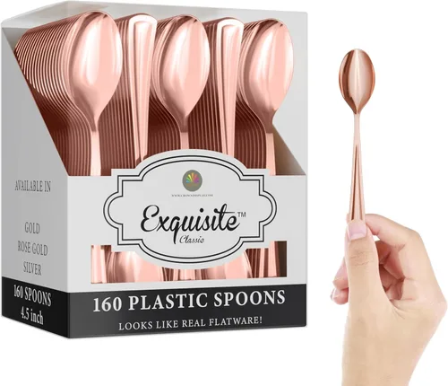 Vista 2 de Exquisite Cucharas de té de plástico doradas de alta resistencia, 160 piezas de cubiertos de plástico dorado, juego de cubiertos desechables de alta