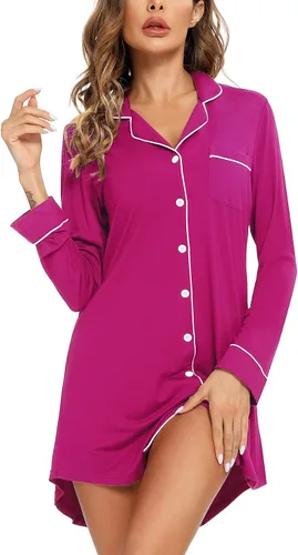 Vista 51 de Samring Camisón de pijama para mujer, manga corta/larga, con botones, camisón para dormir, camisón para novio, talla XXL