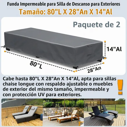 Vista 7 de Fundas Impermeables para Sillas Lounge de Patio, Paquete de 2, Fundas para Tumbonas de Exterior, Material 600D Resistente a la Intemperie Gris