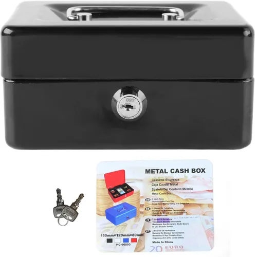 Vista 7 de Pyhodi Caja de dinero con cerradura de dos llaves, caja fuerte de metal pequeña con bandeja de dinero, organizador de dinero seguro para dinero