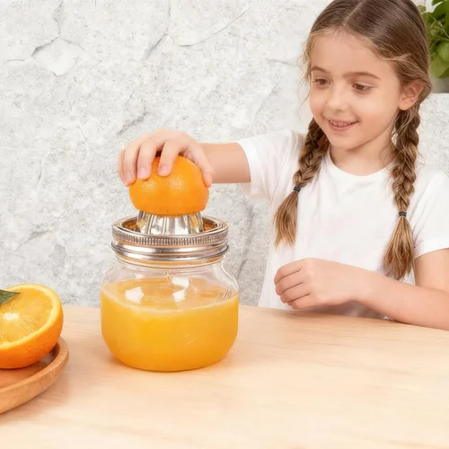 Vista 2 de Mason Jar - Tapa exprimidora de acero inoxidable (2 piezas), escariador de cítricos para tarro Mason de boca ancha, exprimidor de limón, exprimidor