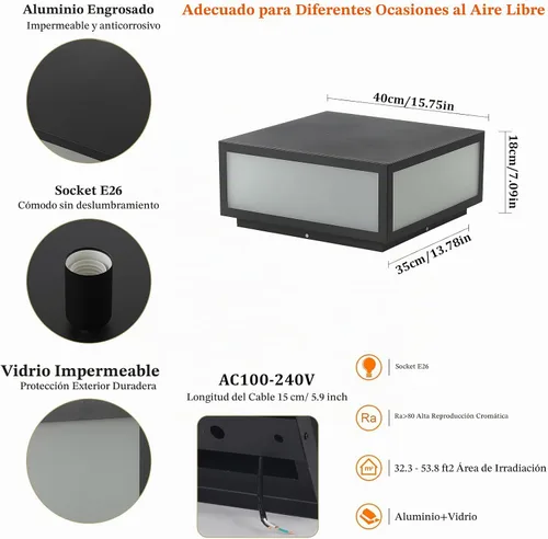 Vista 9 de SLAWA Tapas de poste al aire libre con base de montaje en muelle Lámparas de tapa de columna negro impermeable poste lámpara de pilar cuadrado (40cm)