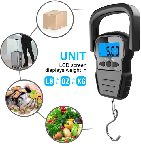 Vista 4 de Báscula digital de pescado báscula de equipaje báscula de gancho para colgar peso pantalla LCD retroiluminada de 1102lbs bolsa impermeable