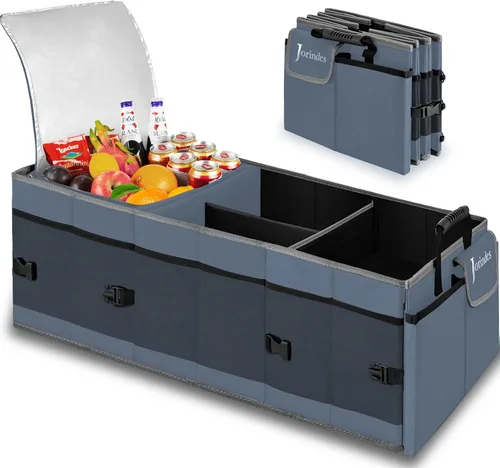 Vista 9 de Organizador de maletero con bolsa de enfriamiento aislada y a prueba de fugas incorporada, organizador de carga plegable para SUV con tiras