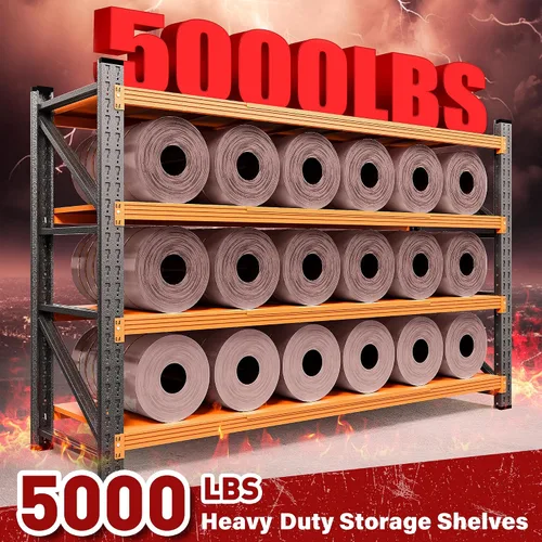 Vista 3 de Estantería de garaje resistente de 5000 libras, estantes de almacenamiento de 60 pulgadas de ancho y profundo, estantes de garaje de metal naranja