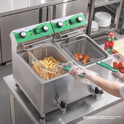 Vista 7 de NUPANT Freidora comercial de 25.3 cuartos de galón / 24 litros con filtración de aceite y temporizador, freidora eléctrica con 2 cestas y tapas