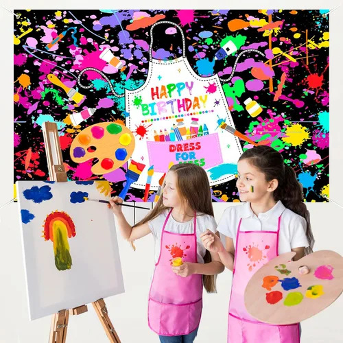 Vista 4 de Mocsicka Cartel de cumpleaños de pintura artística para niños, pintemos vestido para un lío, decoración de fiesta, telón de fondo colorido