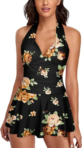 Vista 6 de Omichic Traje de baño tankini halter de dos piezas para mujer, con control de abdomen, cuello en V, con pantalones cortos Negro