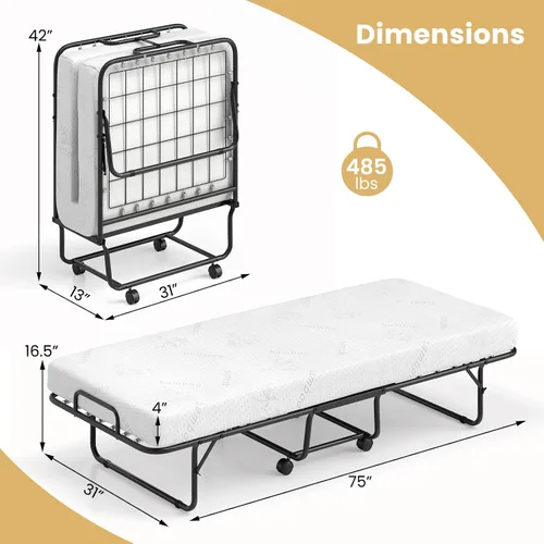 Vista 3 de RELAX4LIFE Cama plegable con colchón de espuma viscoelástica, cama plegable con marco de cama de metal resistente en forma de U, 4 ruedas