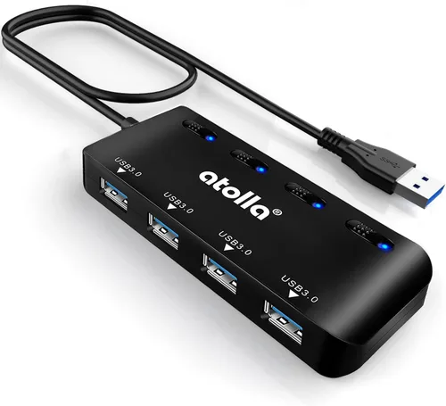 Vista 8 de Hub USB 3.0 de 4 puertos con interruptores individuales, expansor de datos ultradelgado de alta velocidad, divisor USB de 5 Gbps para laptop, PC