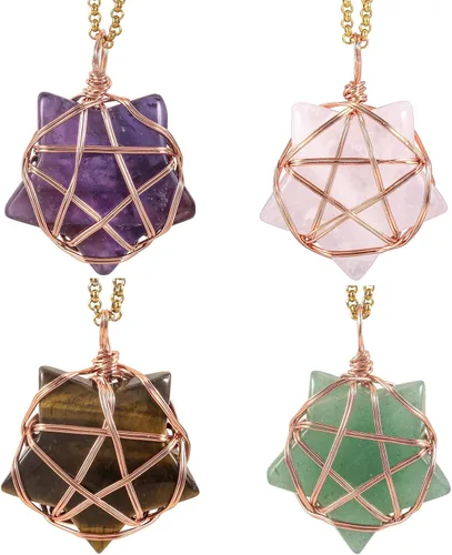 Vista 11 de TUMBEELLUWA 4 collares con colgante de piedra de cristal natural para mujer, colgantes de piedra de cuarzo curativo Reiki a granel con cadenas
