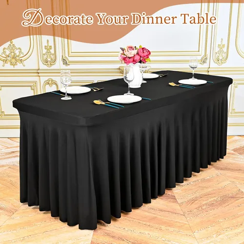 Vista 5 de Pesonlook Paquete de 2 faldas de mesa de elastano para mesas rectangulares de 6 pies, mantel elástico ajustable color negro, de 30 x 72 pulgadas