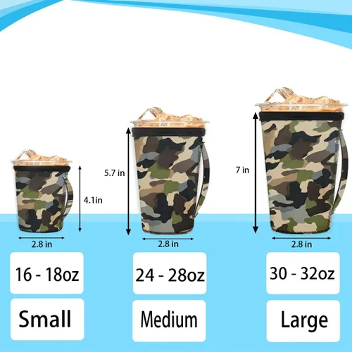 Vista 2 de Funda aislante reutilizable de neopreno con piel de camuflaje del ejército para bebidas, con asa, para la mayoría de cafés o bebidas heladas, 16-18