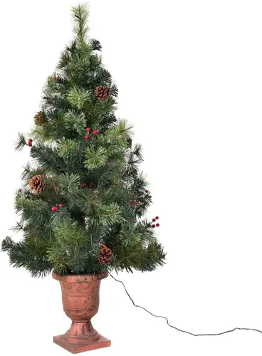 Vista 2 de Árbol de Navidad pequeño de 5 pies con base de maceta dorada, 100 luces, 12 bayas rojas y 12 piñas