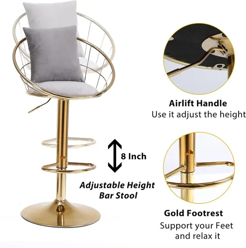 Vista 13 de Taburetes de bar giratorios de terciopelo con respaldo bajo y reposapiés, taburetes de bar ajustables con almohada, taburete de bar dorado de lujo