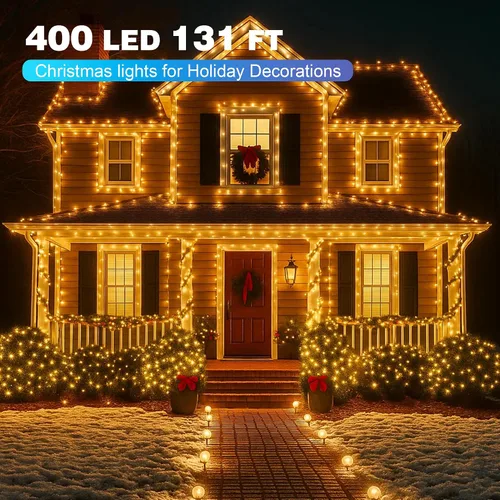 Vista 2 de Luces de Navidad de 400 LED de 131 pies, IP67 impermeables, luces Christmastree con 8 modos, control remoto, 3 temporizadores y función de memoria