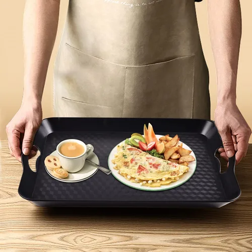 Vista 7 de Bandeja de plástico con asas, paquete de 2 bandejas rectangulares multiusos antideslizantes para servir restaurante para fiestas, mesa de café