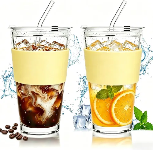 Vista 12 de Birity Vasos de vidrio de 16 onzas con tapas y popotes, vaso de vidrio con popote y tapa, tazas de café helado reutilizables para té, jugo