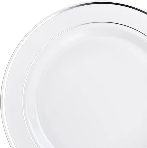 Vista 2 de Platos de plástico desechables Occasions para fiestas de boda (120 unidades), plateado, blanco (White / Silver Rim)